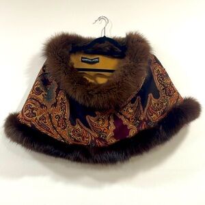 Adrienne Landau Paisley Wool Caplet with Faux Fur Trim